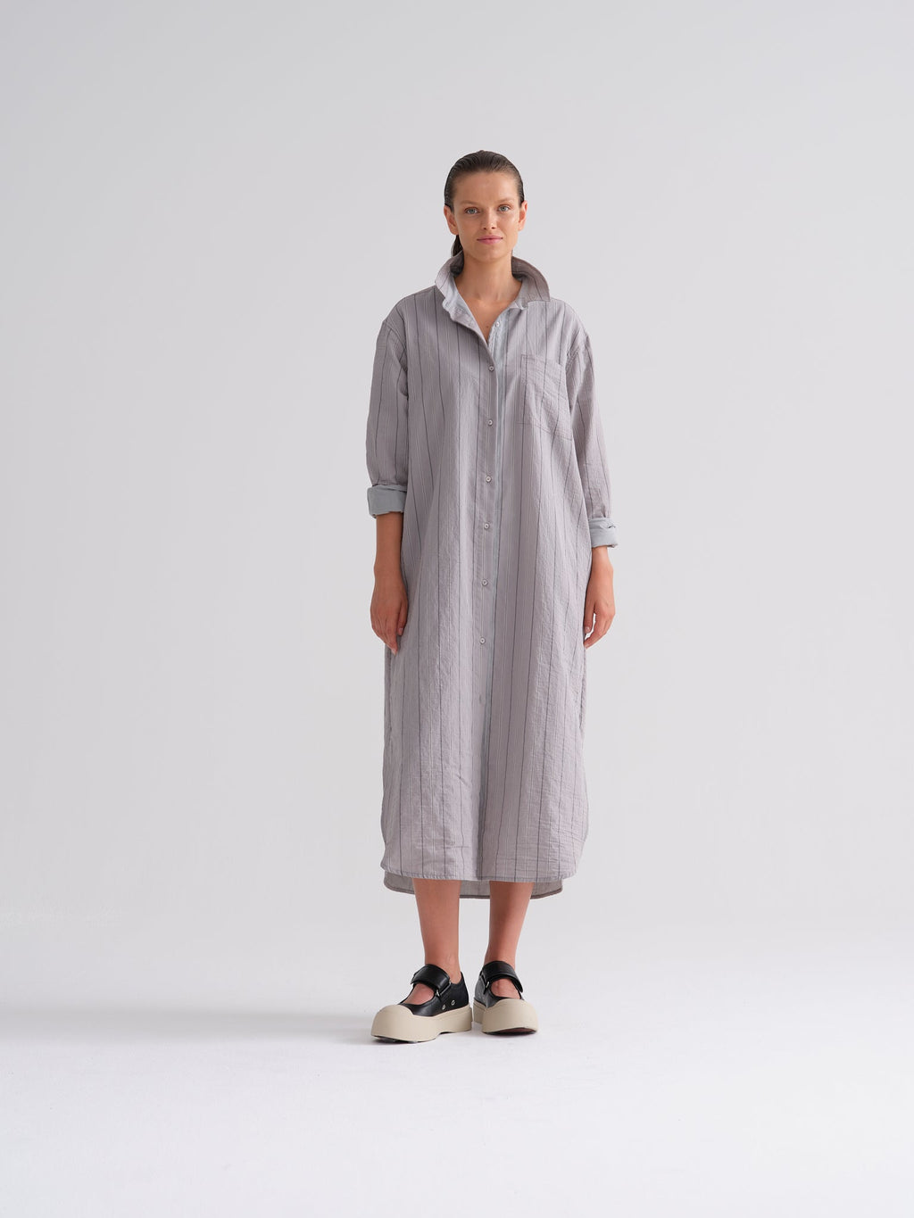 Long - sleeve High - collar Cotton Striped Shirt Dress