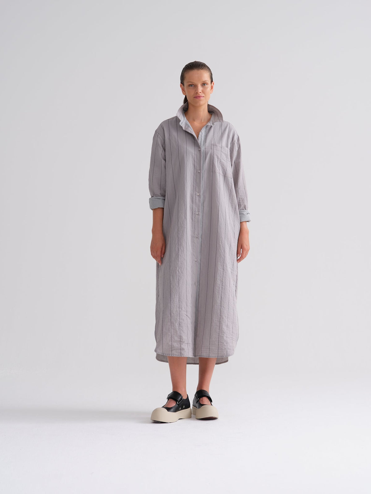 Long - sleeve High - collar Cotton Striped Shirt Dress