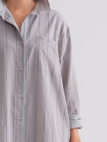 Long - sleeve High - collar Cotton Striped Shirt Dress