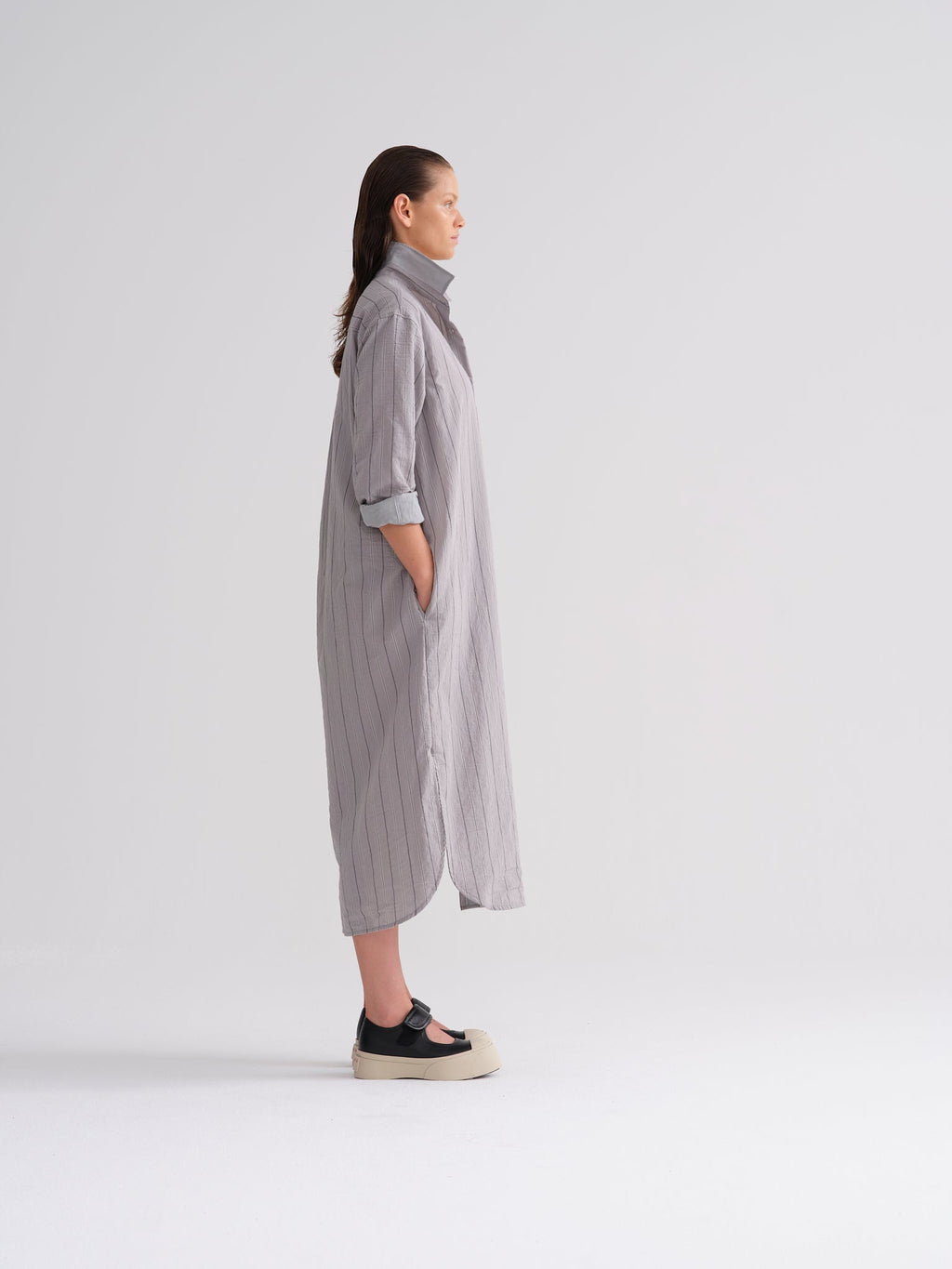 Long - sleeve High - collar Cotton Striped Shirt Dress