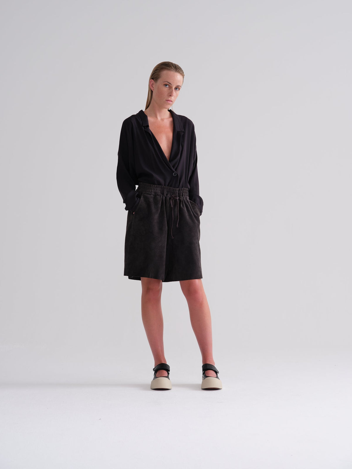 Black Tie-Decorated Long-Sleeve Shirt