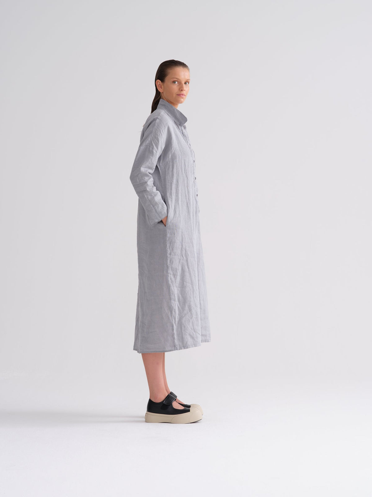 Long - Sleeved Cotton Linen Shirt Dress