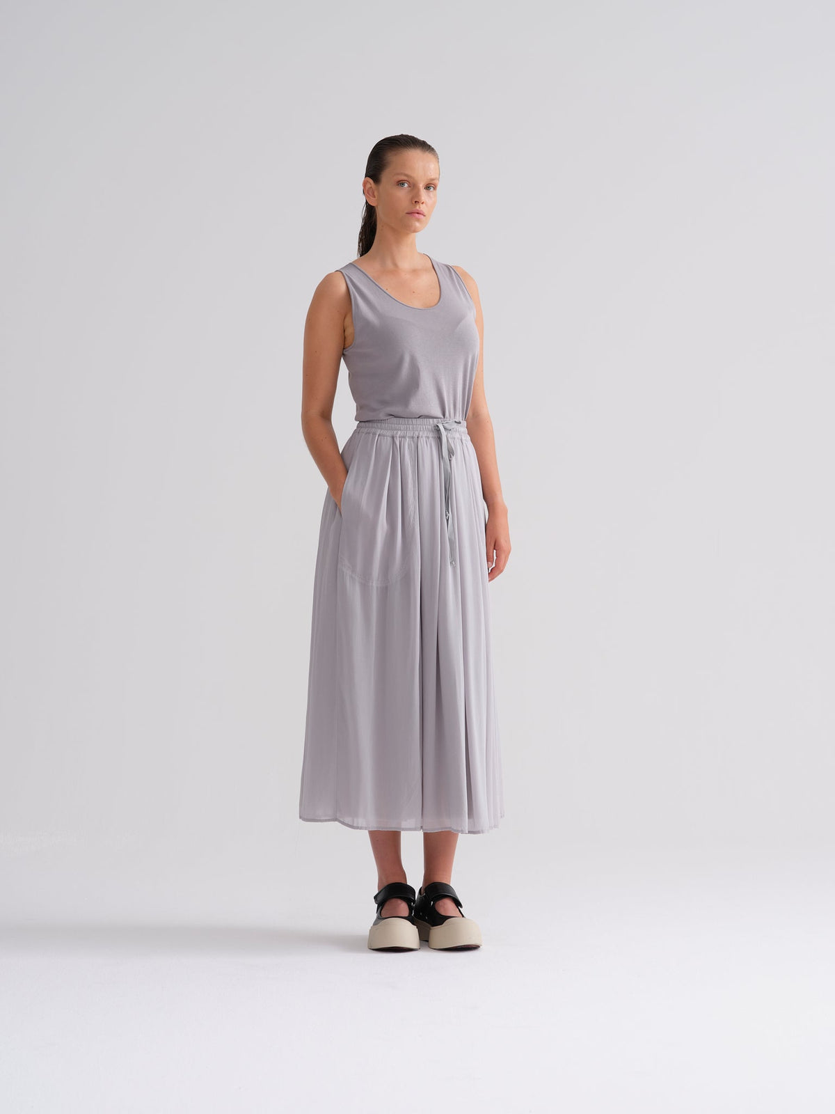 Simple Tie - Waist Pockets Mid - Length Skirt