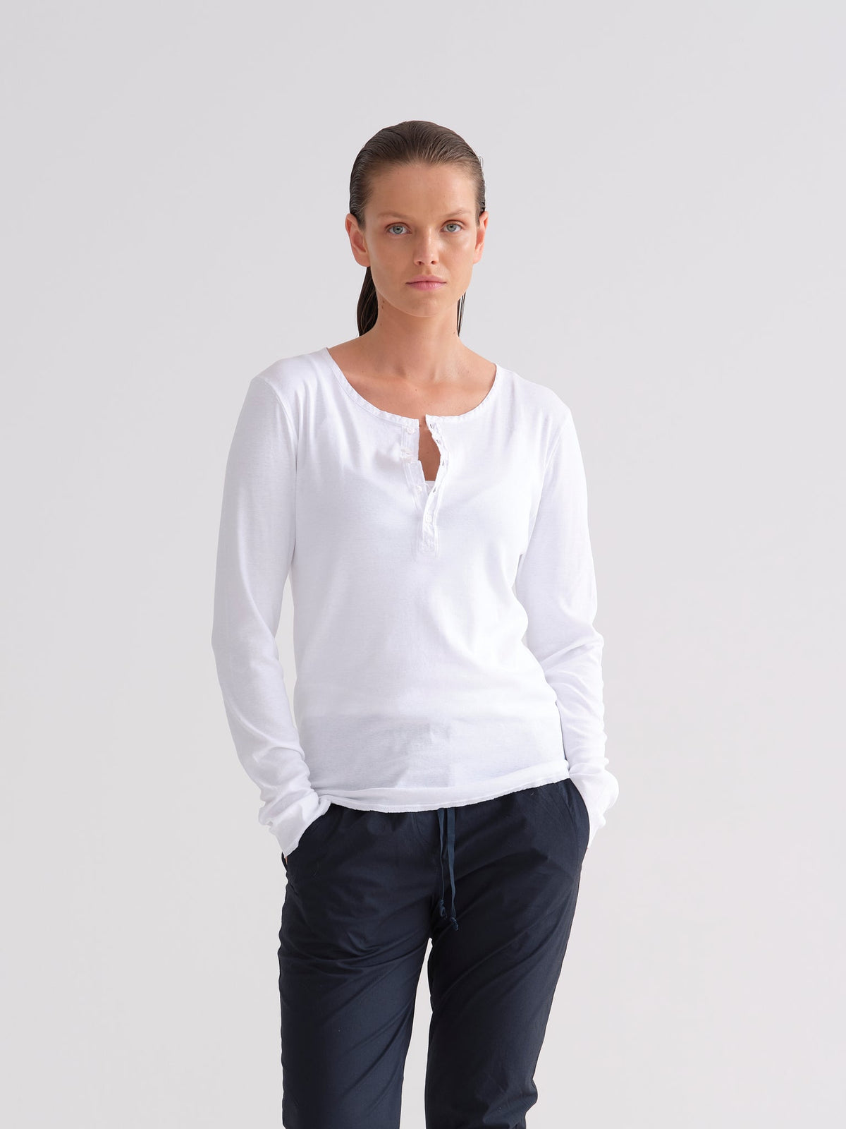 White Buttoned Long - Sleeved T – Shirt