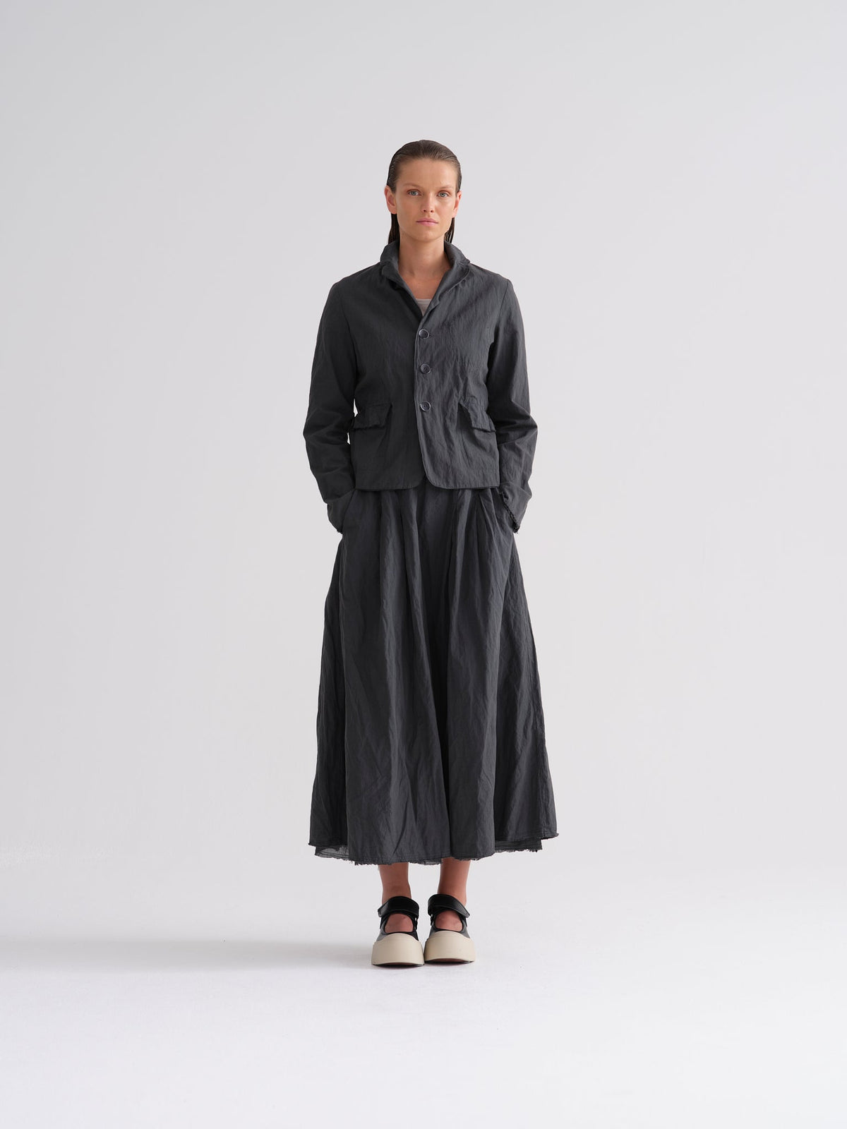 Black Drapey Linen Midi Length Skirt