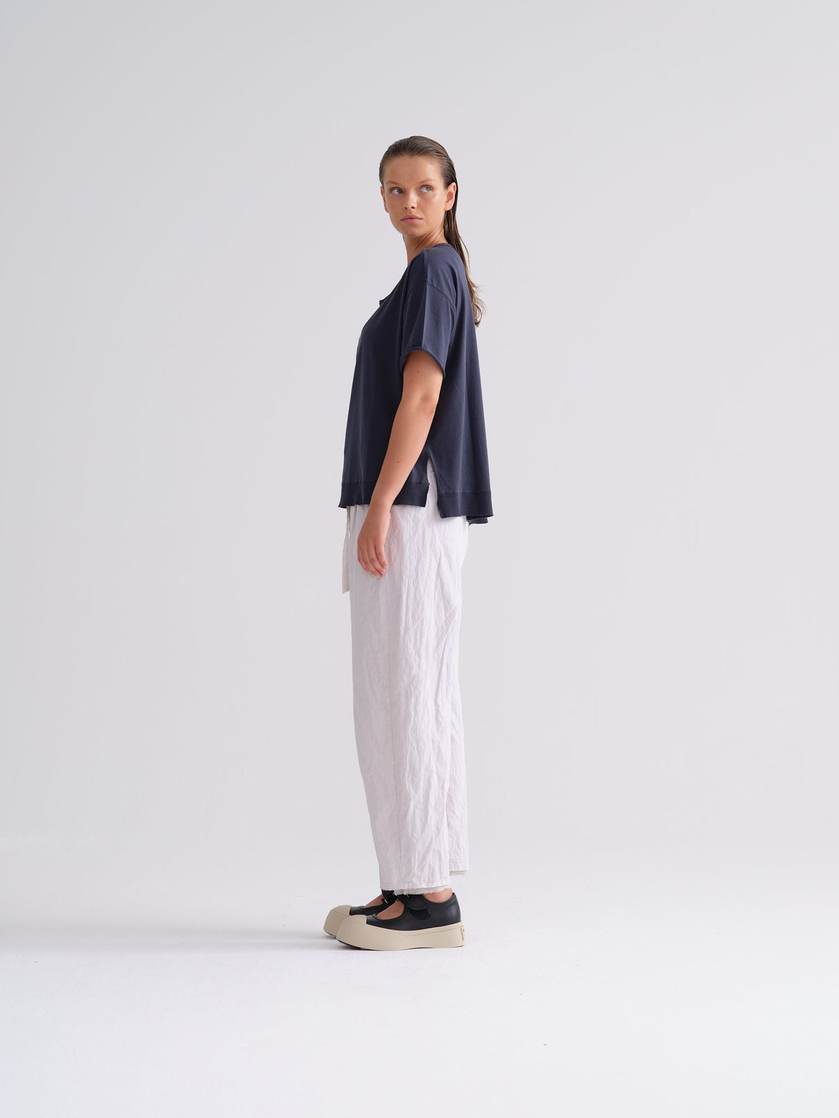 Navy Blue Simple Loose-Fit Short-Sleeve T-Shirt