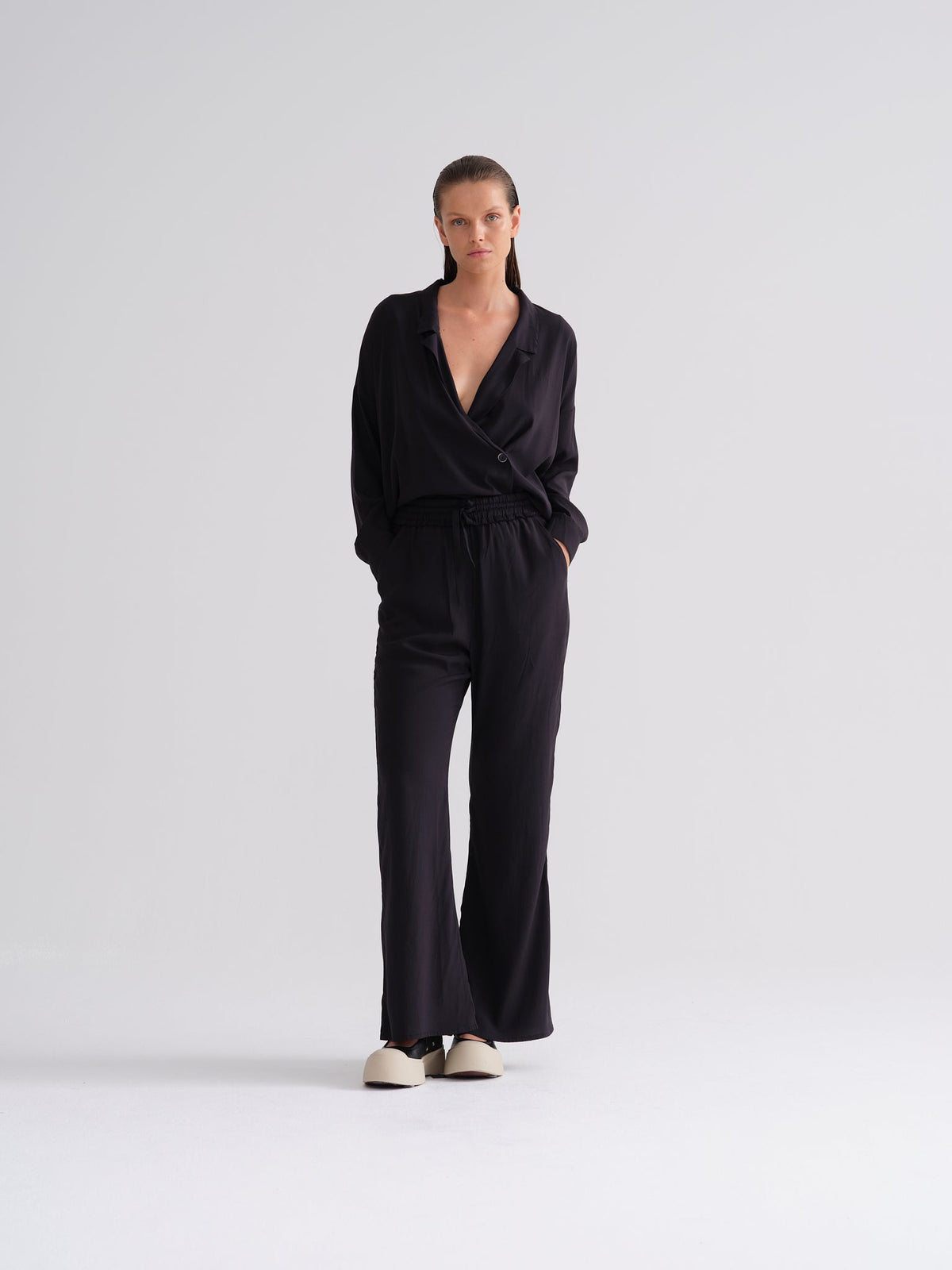 Black Tie-Decorated Long-Sleeve Shirt
