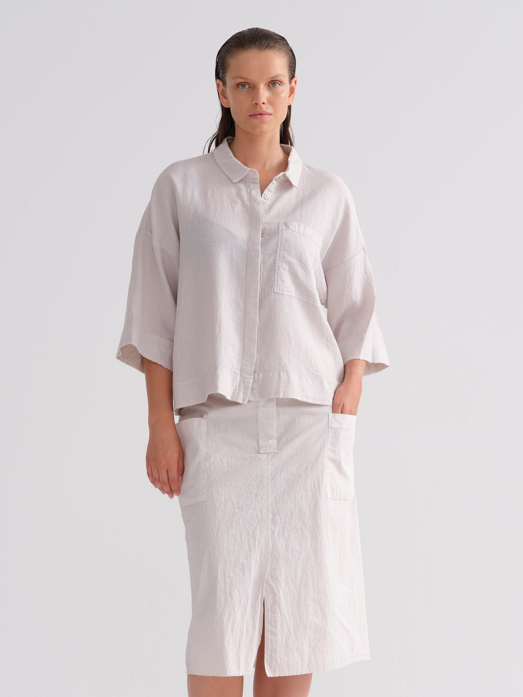 White Front Slit Mid-length Cotton Skirt