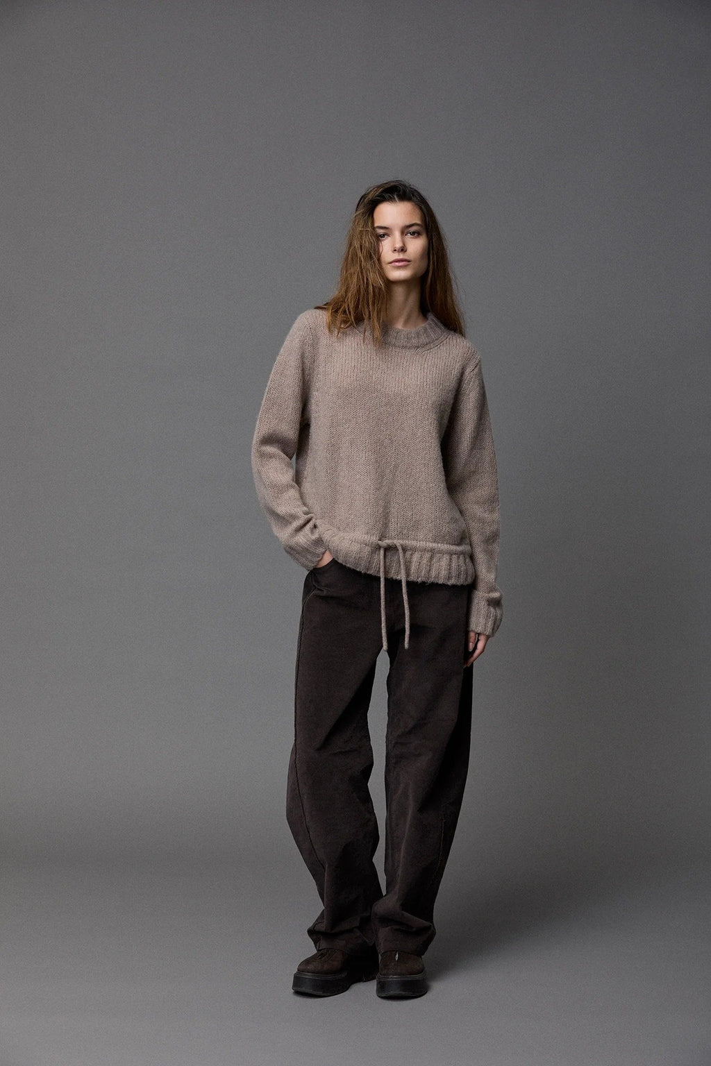 Relaxed Fit Round Neck Drawstring Knit Sweater