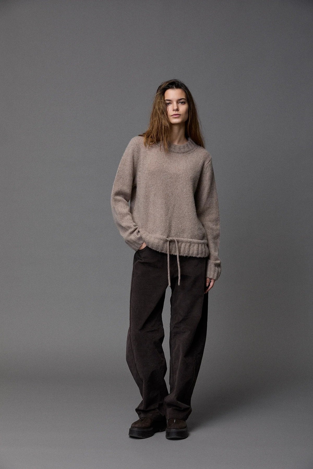 Relaxed Fit Round Neck Drawstring Knit Sweater