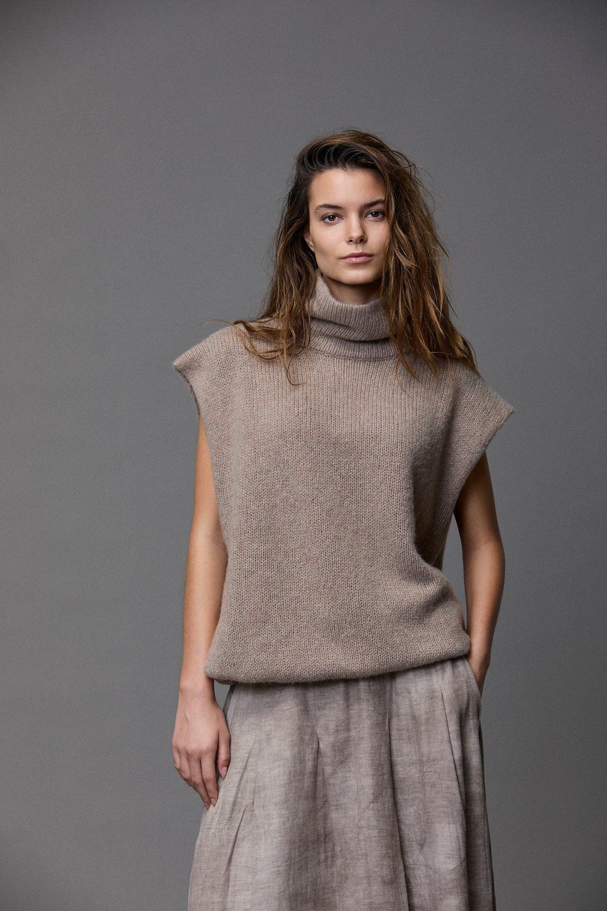 Sleeveless High - Neck Knit Sweater