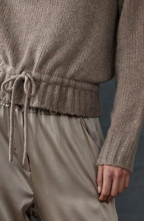Relaxed Fit Round Neck Drawstring Knit Sweater