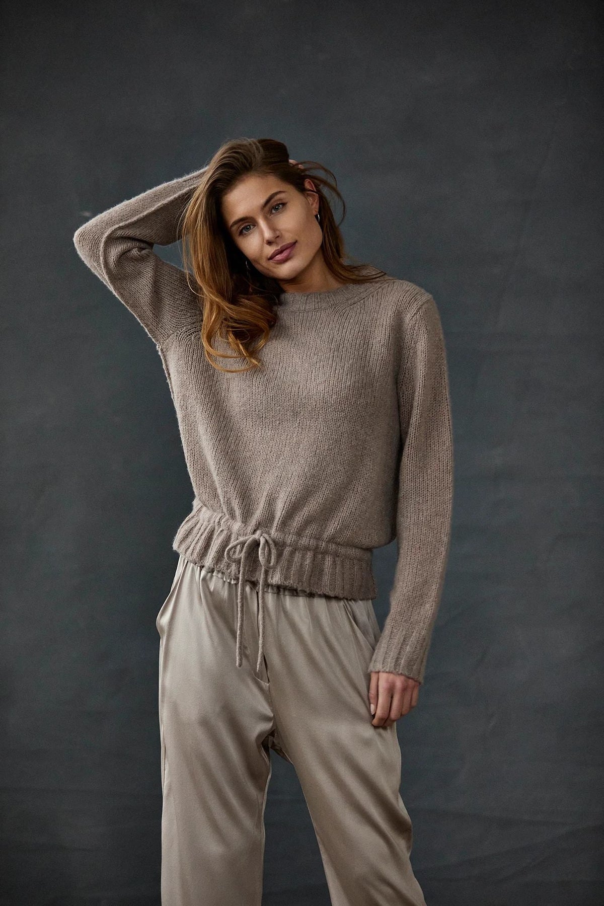 Relaxed Fit Round Neck Drawstring Knit Sweater