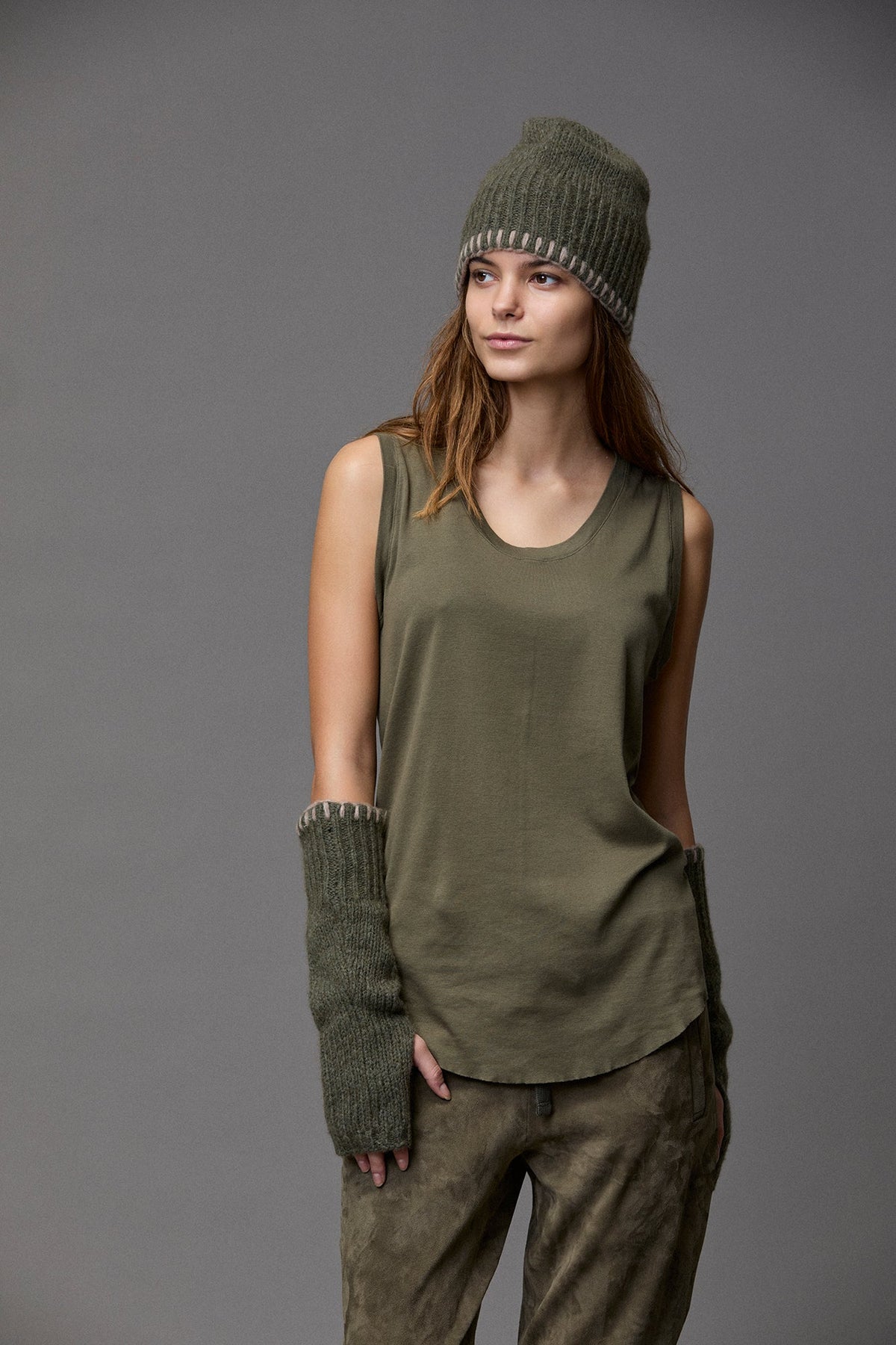 Olive Colorblock Knitted Visorless Cap
