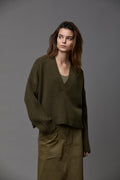 Loose Fit Olive Green V-neck Knit Sweater