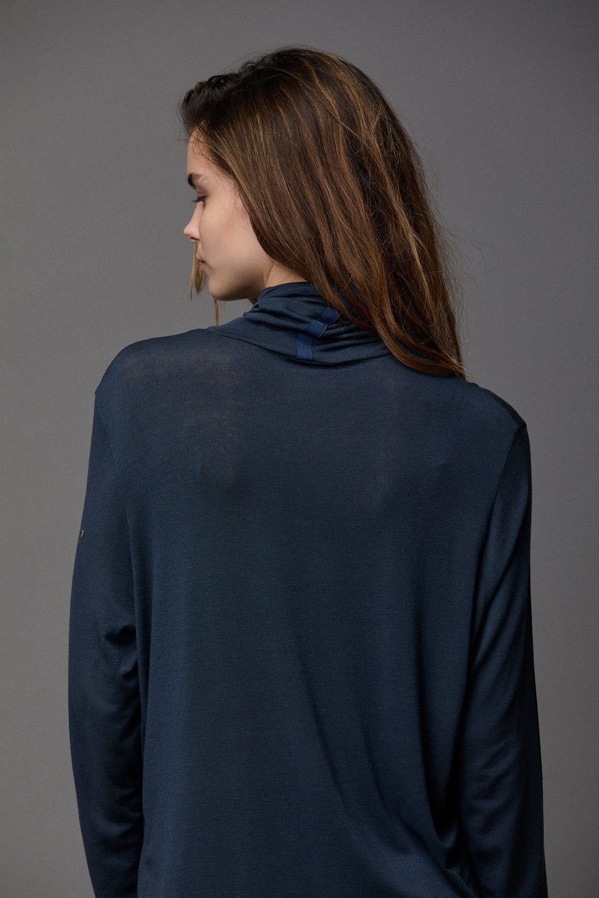 Dark Blue Long Sleeved High Neck Loose Fit Top