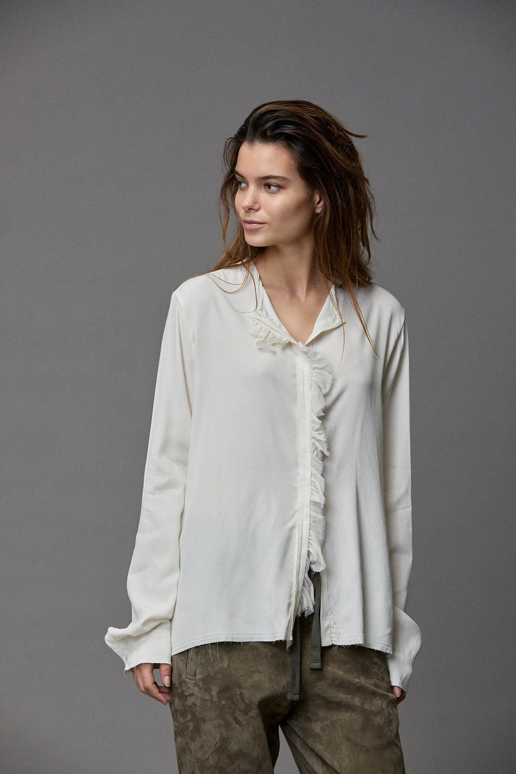 White Long - Sleeved Shirt with Ruffles