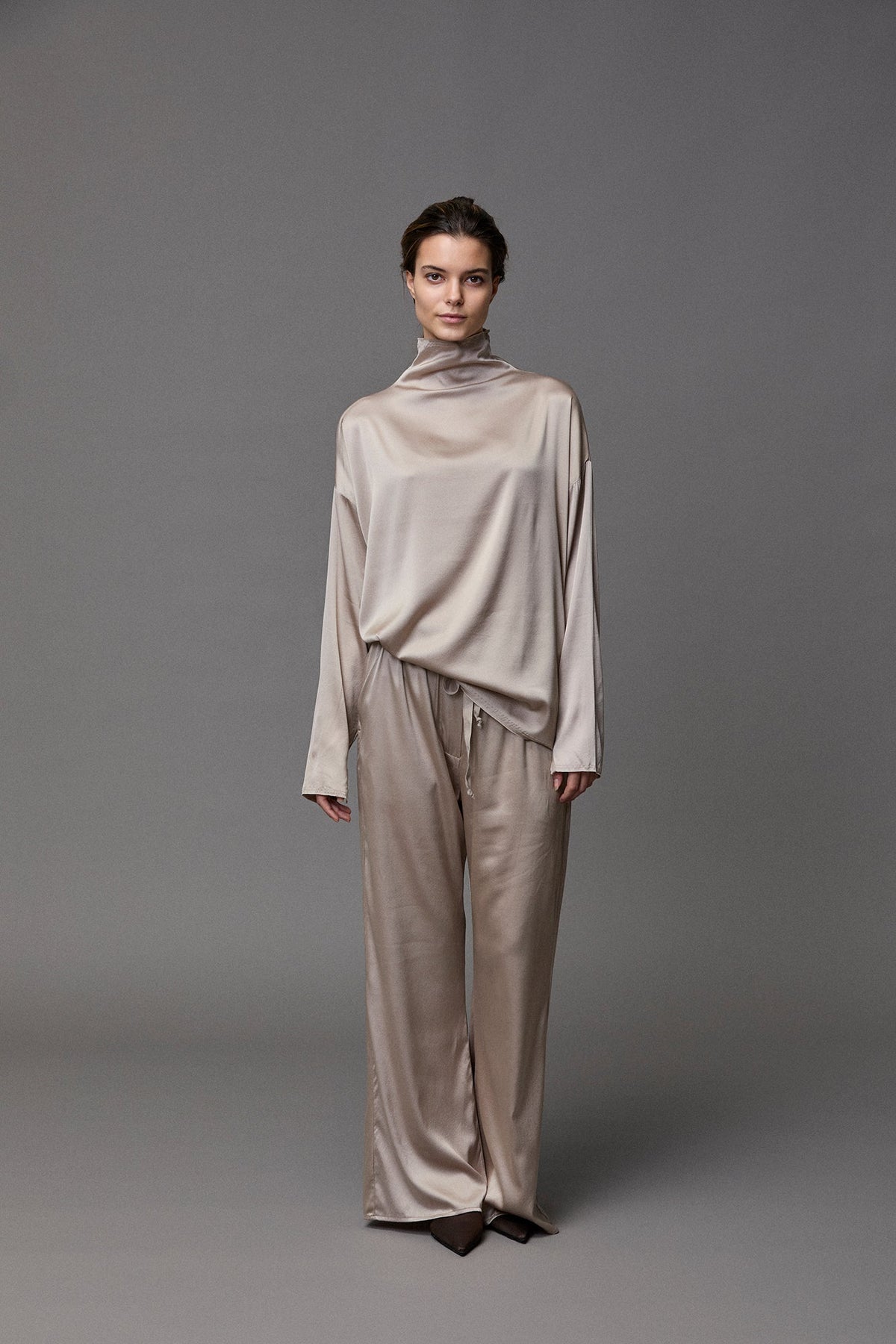 Silky Drape High - Neck Loose Long - Sleeved Top