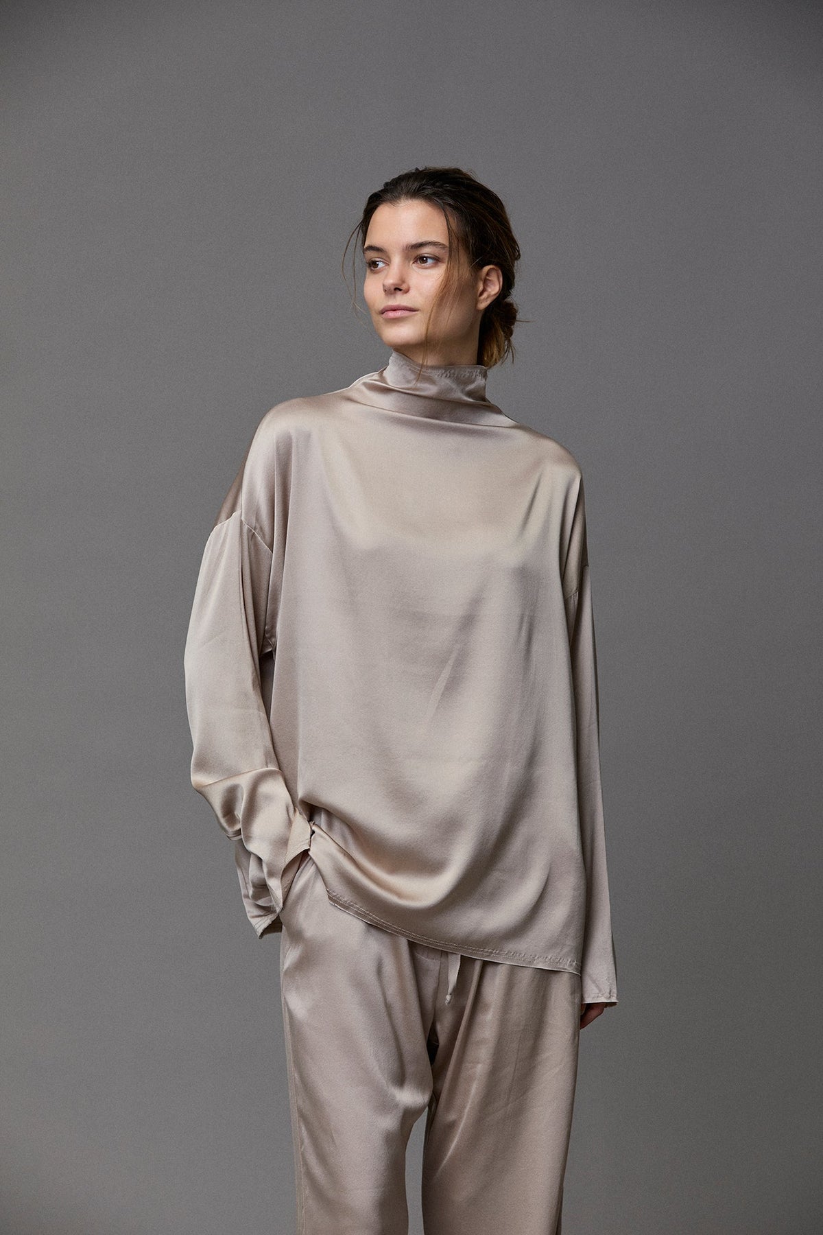 Silky Drape High - Neck Loose Long - Sleeved Top
