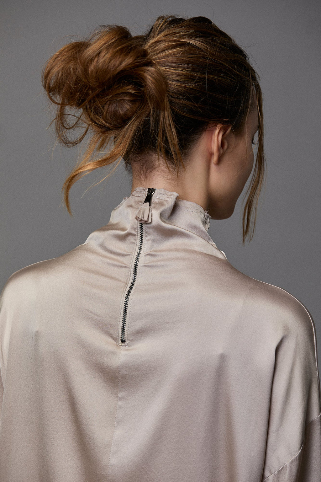 Silky Drape High - Neck Loose Long - Sleeved Top