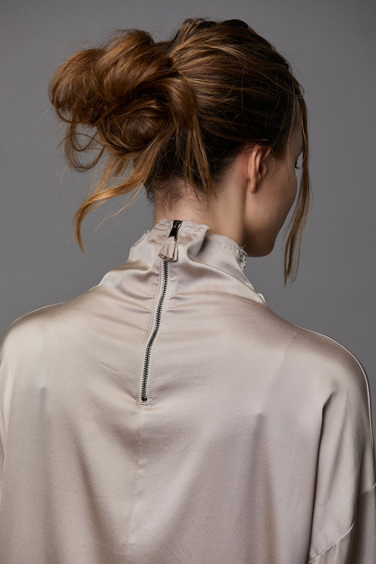 Silky Drape High - Neck Loose Long - Sleeved Top