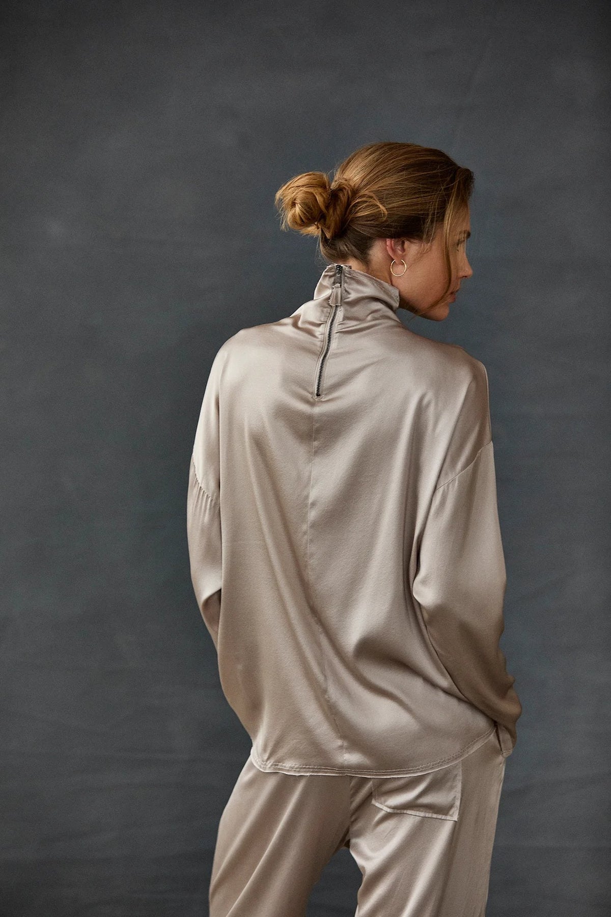 Silky Drape High - Neck Loose Long - Sleeved Top