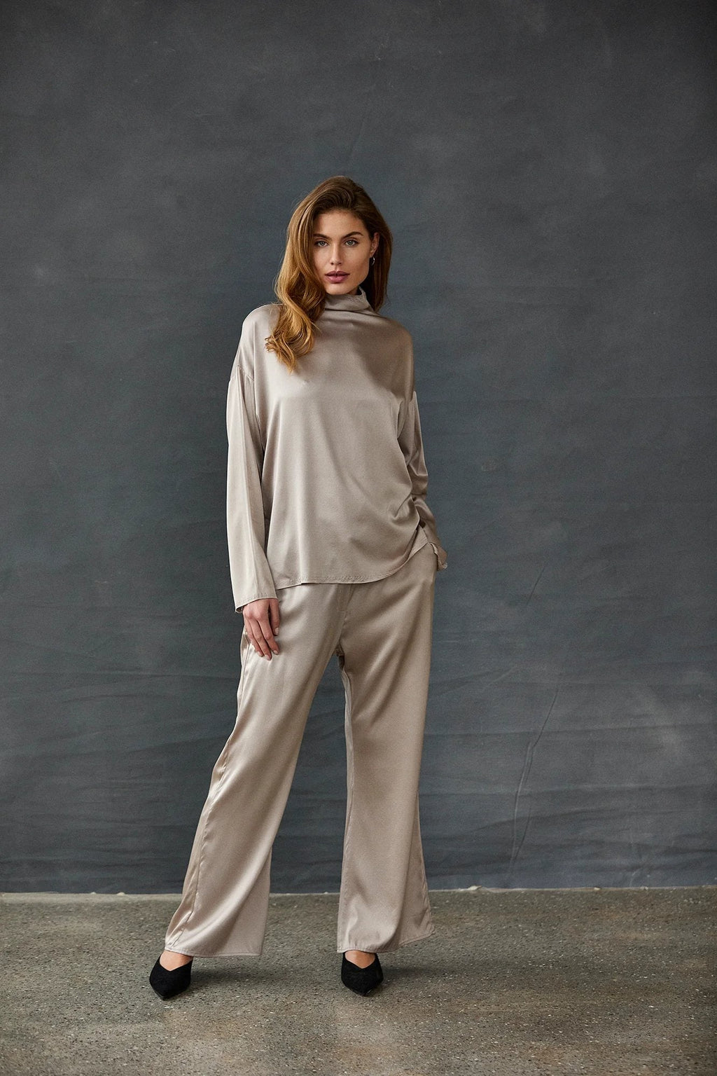 Silky Drape High - Neck Loose Long - Sleeved Top