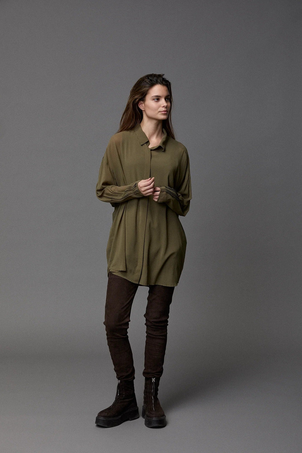 Army Green Drapey Long-Sleeve Shirt