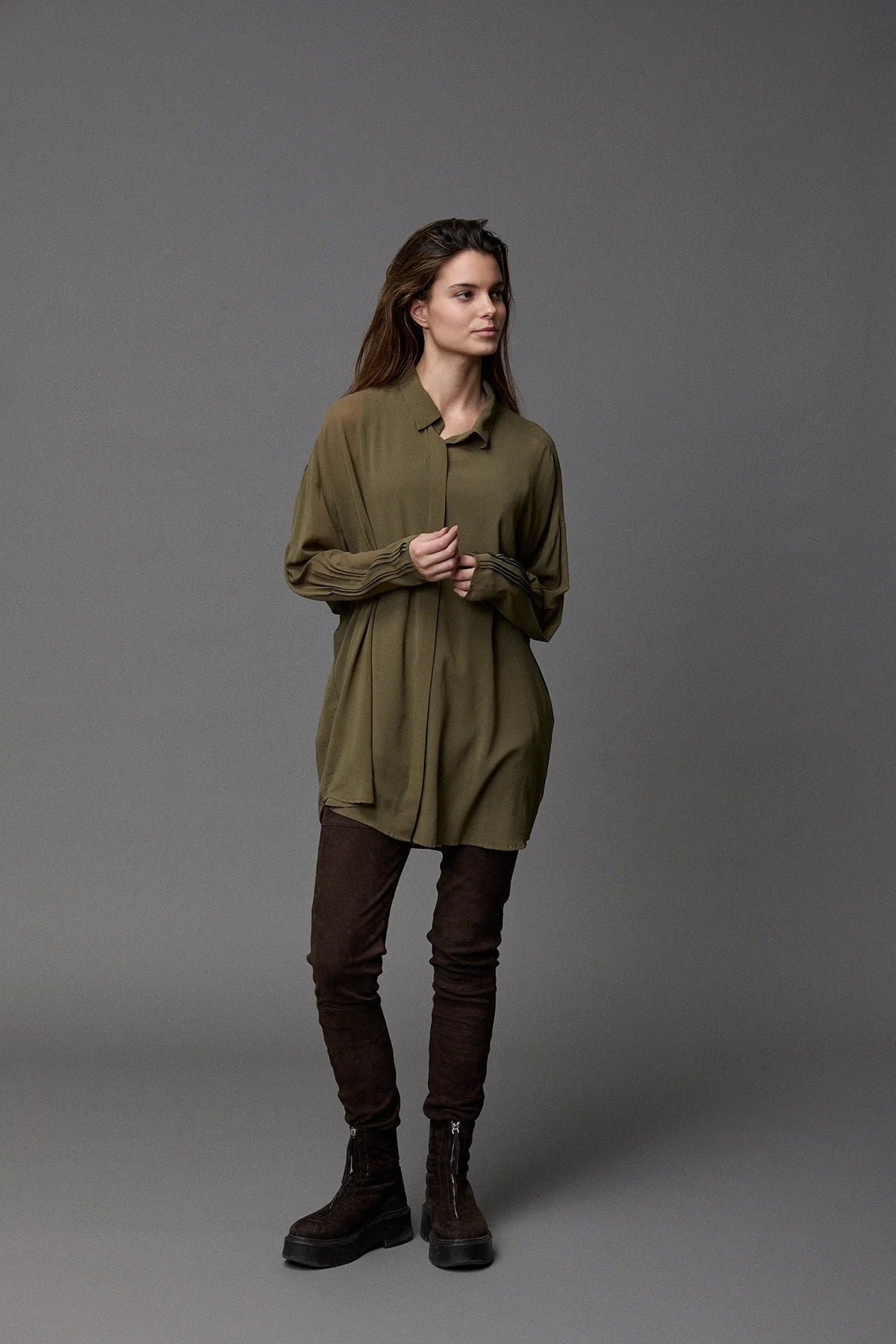 Army Green Drapey Long-Sleeve Shirt
