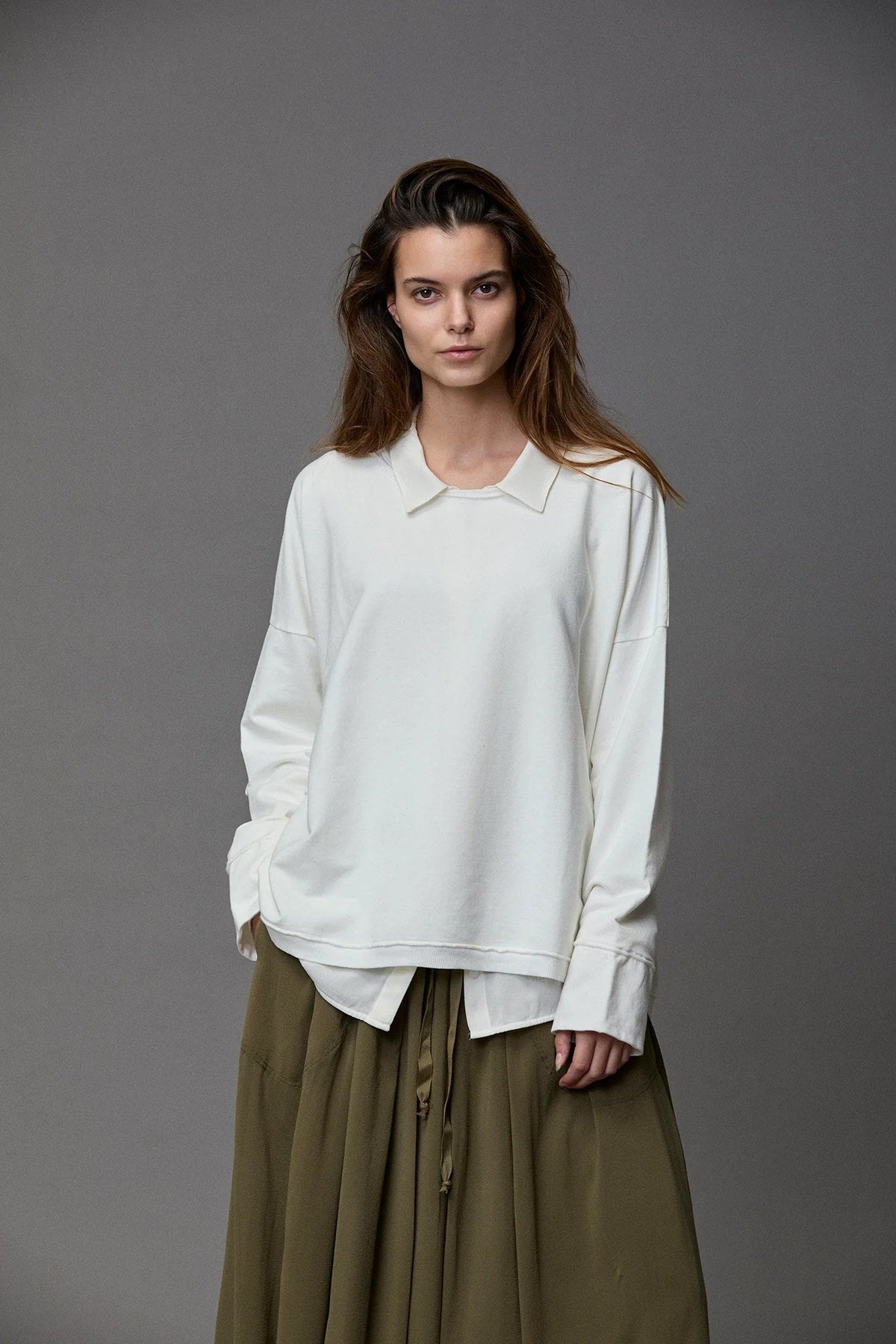 Relaxed Casual White Long-sleeve Top