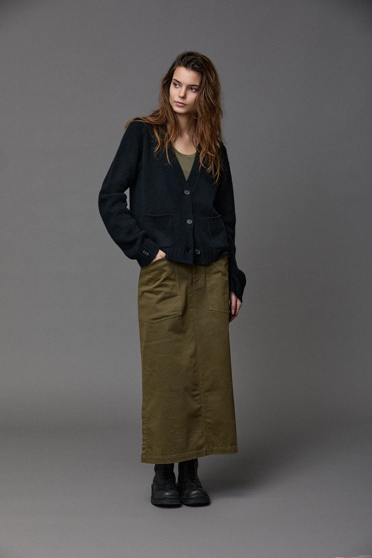 Military Green Simple Workwear Maxi Skirt