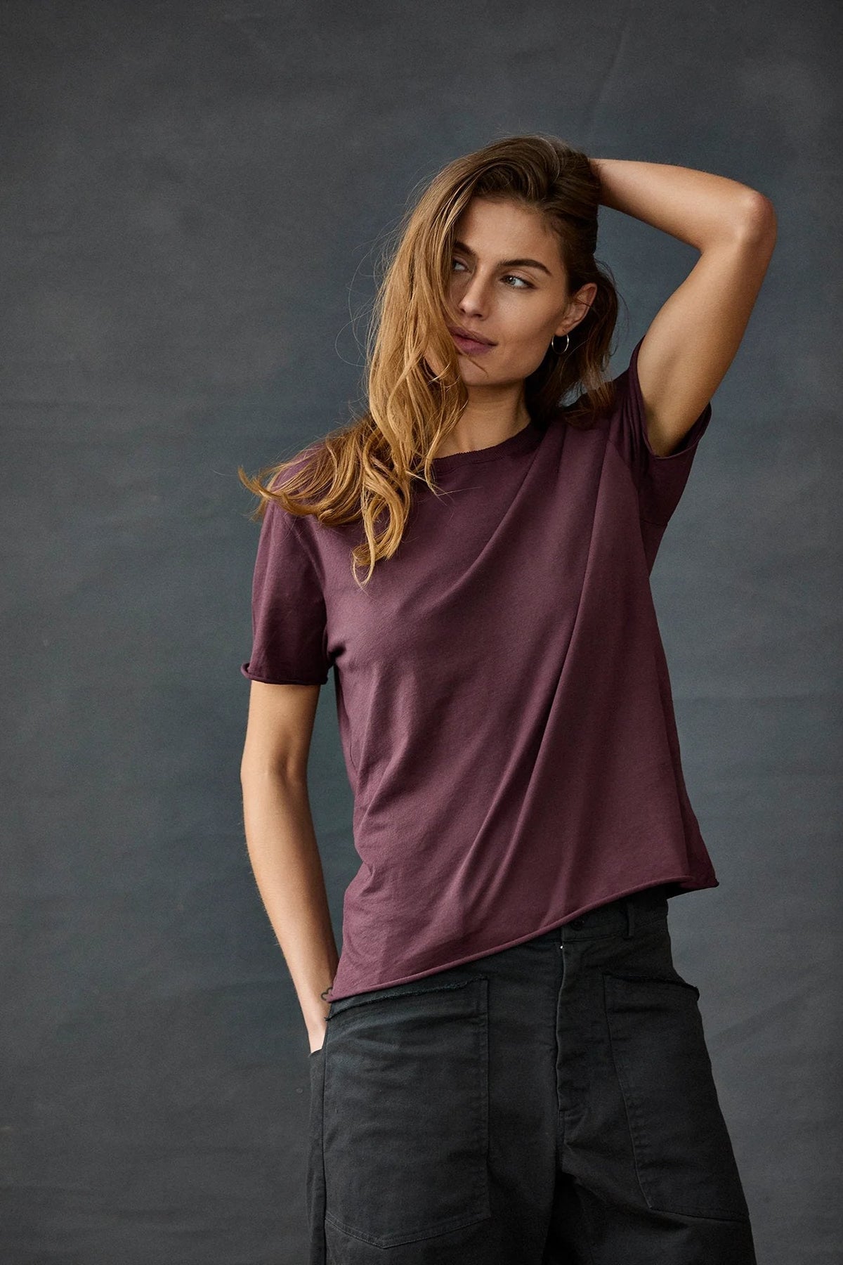Elegant Plum Color Short Sleeves Loose Fit T-Shirt