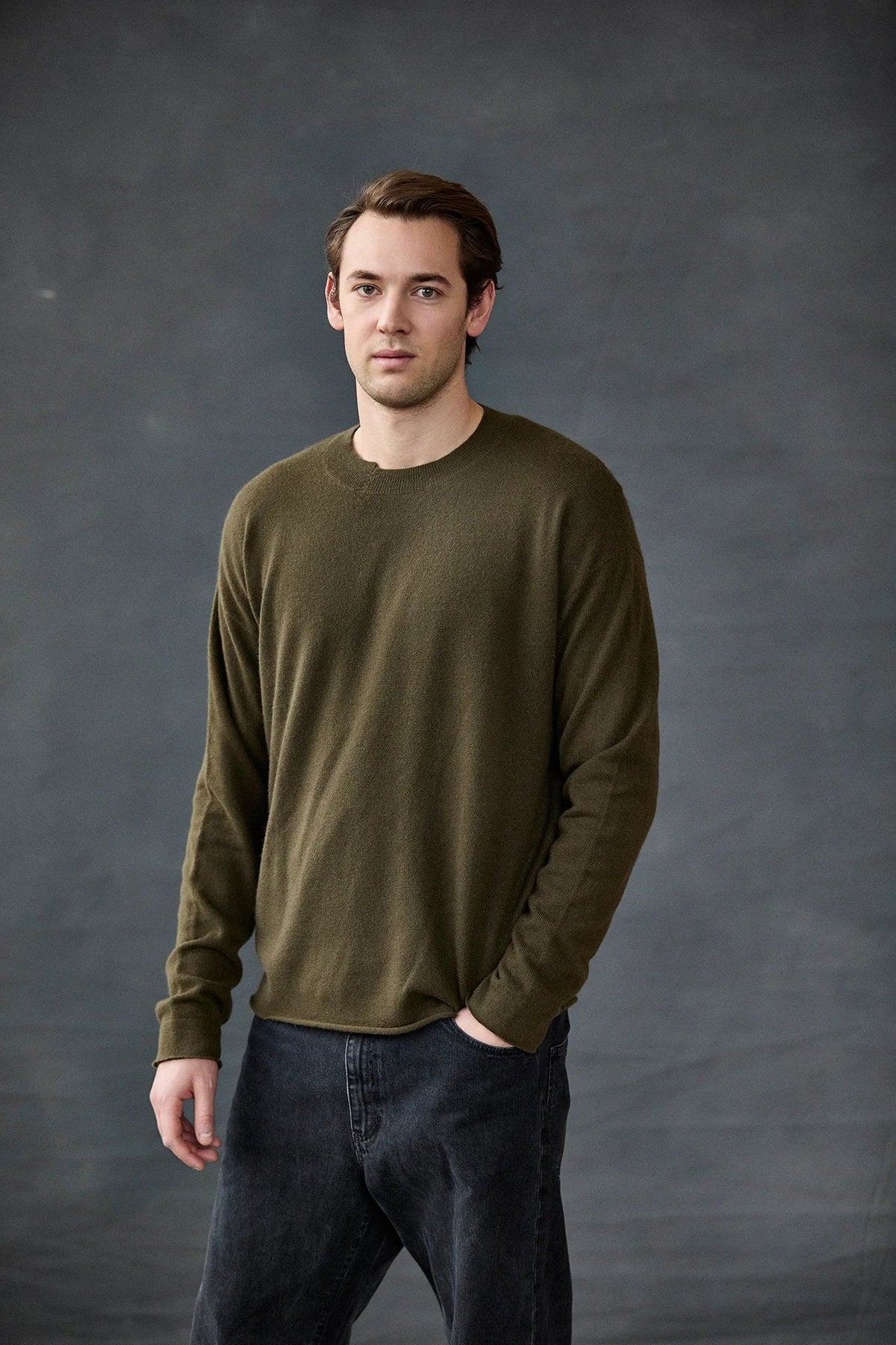 Olive Green Crew - Neck Relaxed Long - Sleeve Knit Top