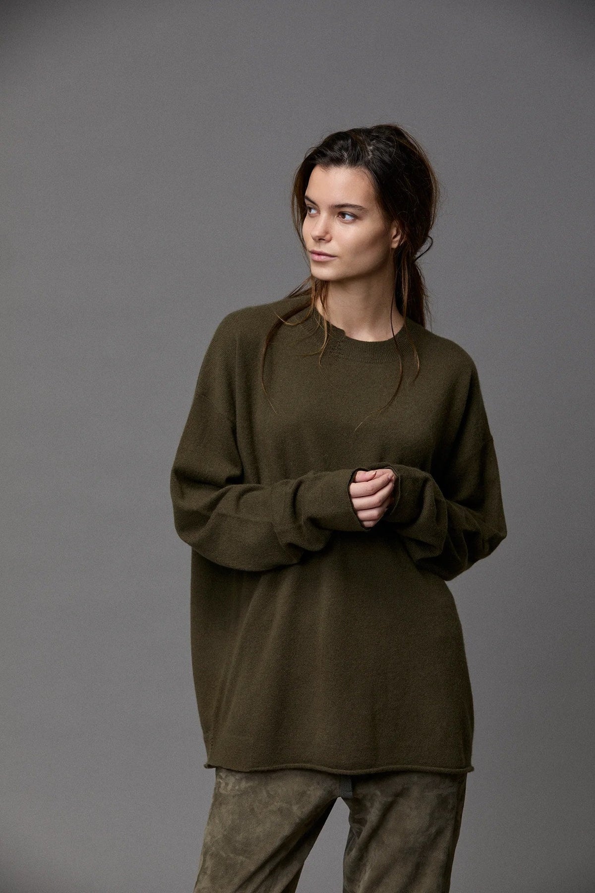 Olive Green Crew - Neck Relaxed Long - Sleeve Knit Top