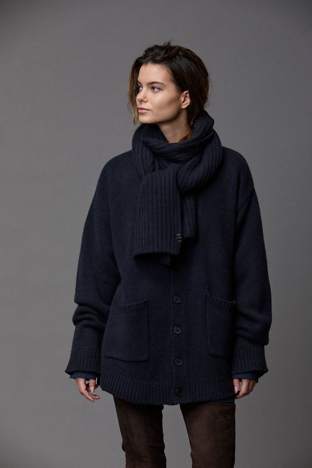 Cozy Navy Buttoned Cardigan with Matching Scarf
