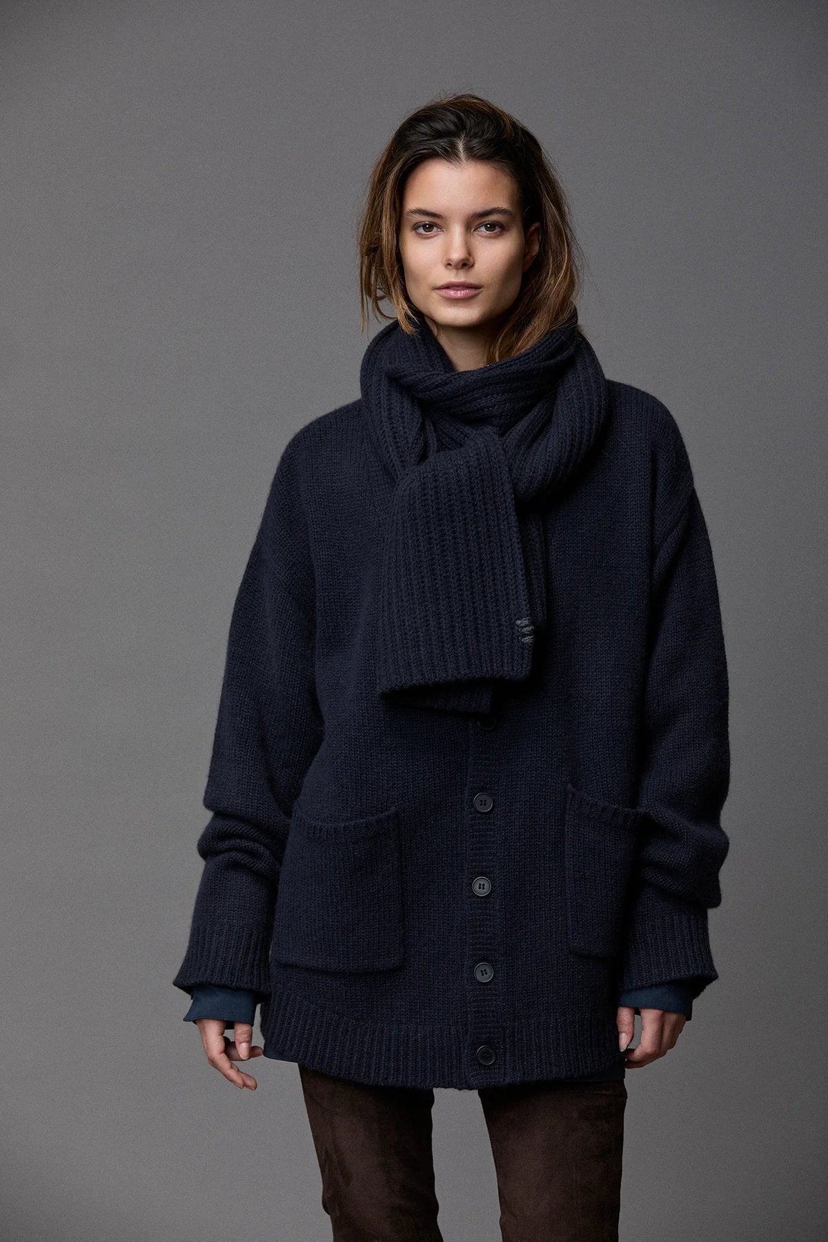Cozy Navy Buttoned Cardigan with Matching Scarf