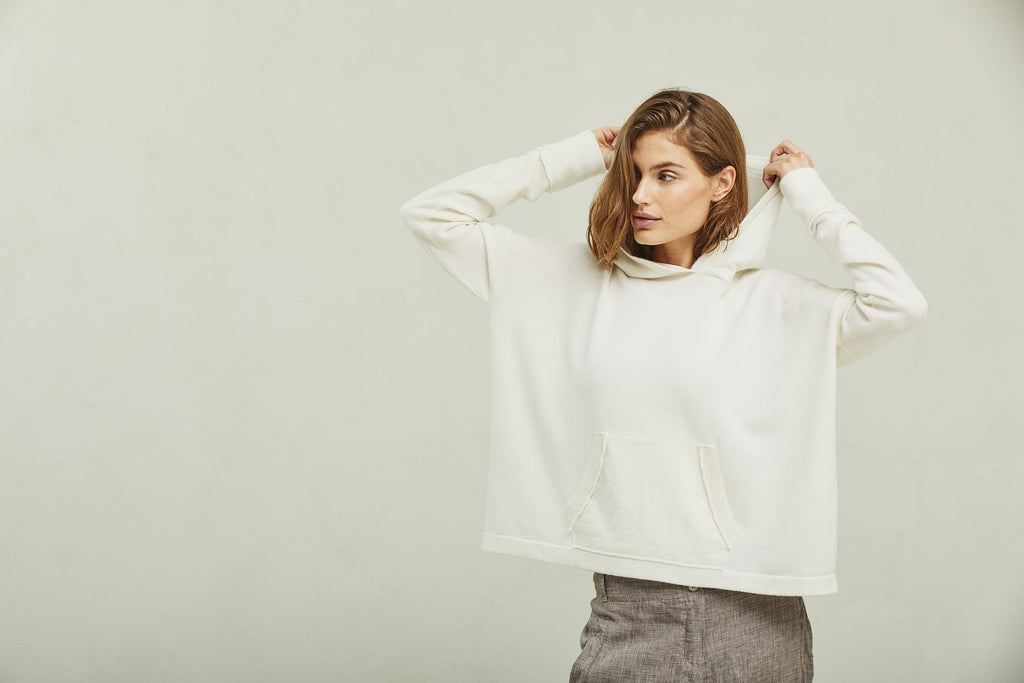 White Hooded Long - Sleeved Knit Sweater