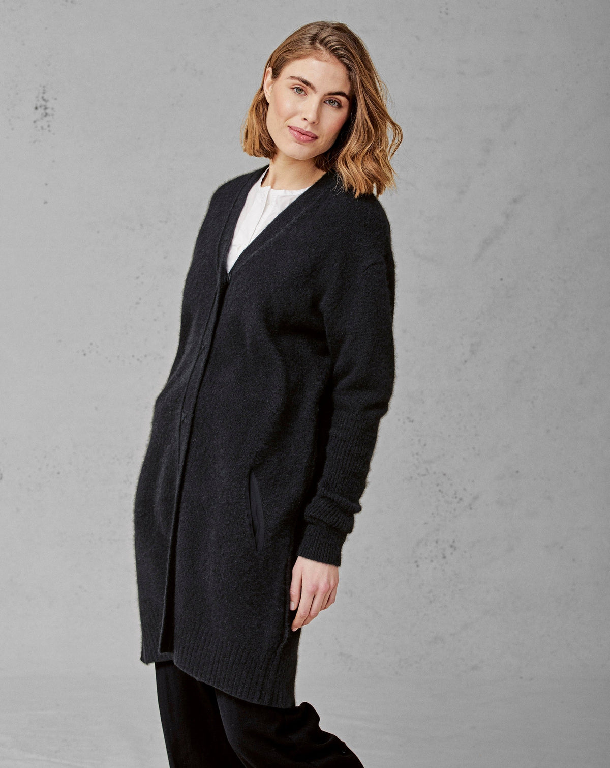 Black Long - Sleeved Knitted Cardigan Sweater Coat
