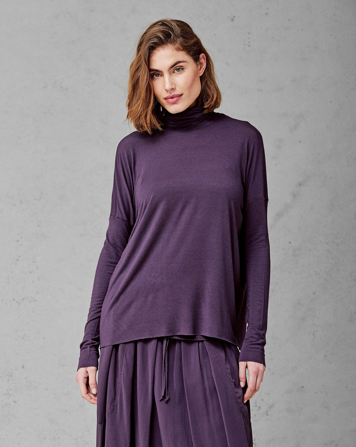 Purple High Neck Long Sleeves Loose Women's Top