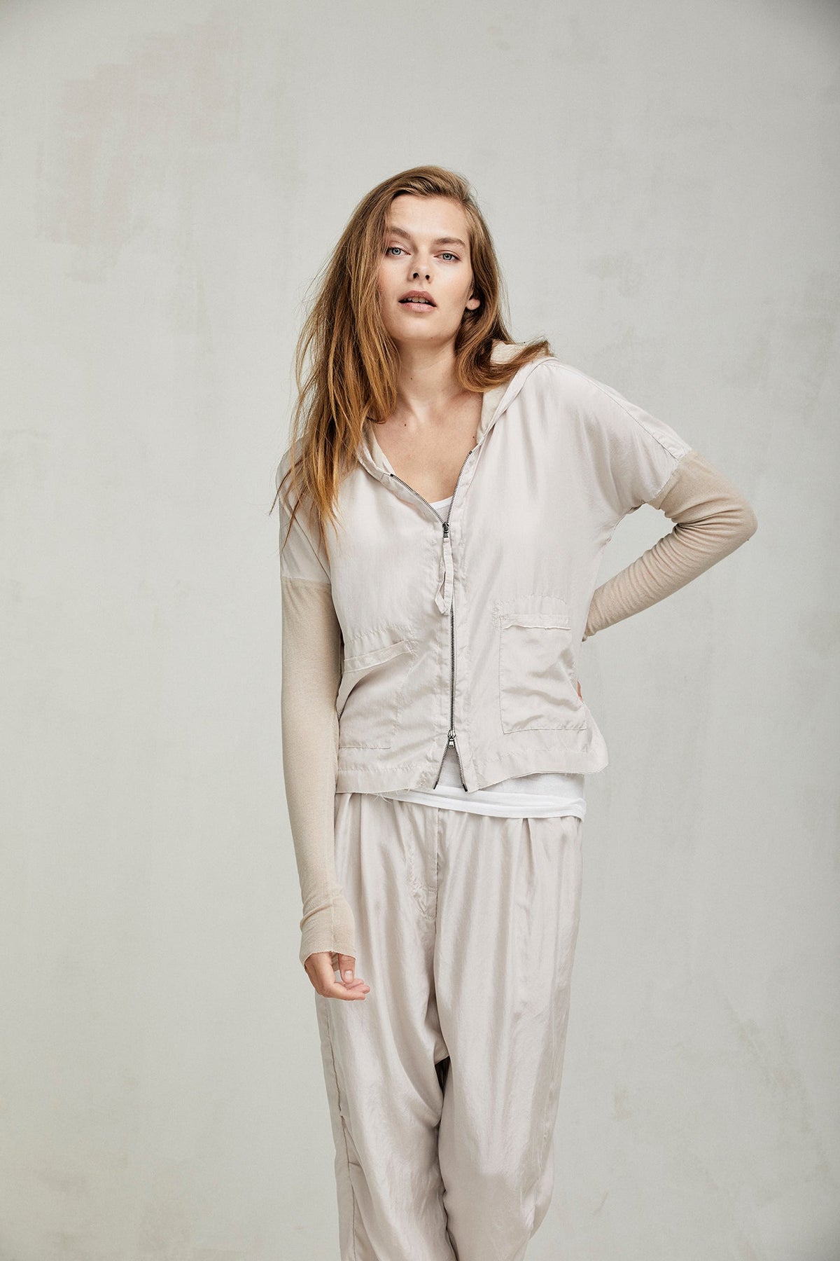 Light Beige Hooded Zipper Casual Jacket