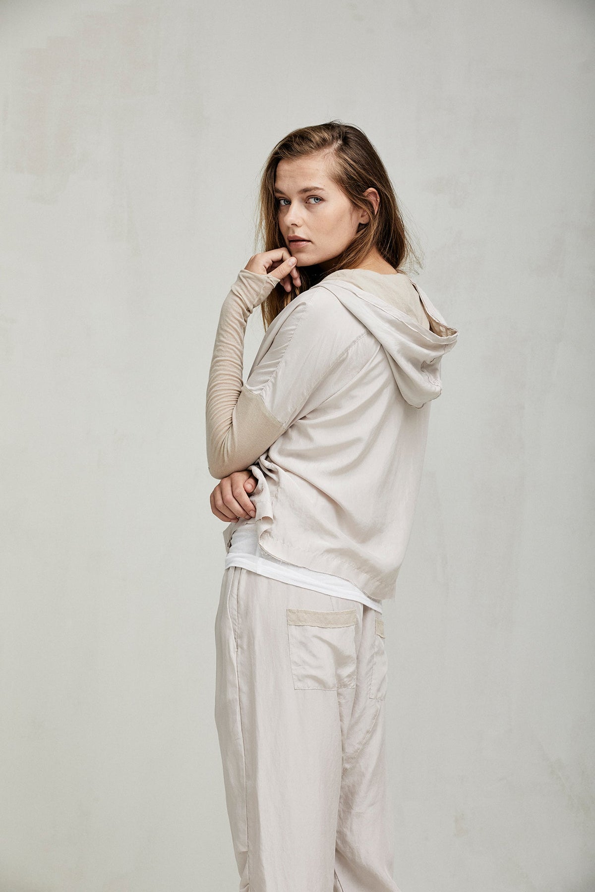 Light Beige Hooded Zipper Casual Jacket