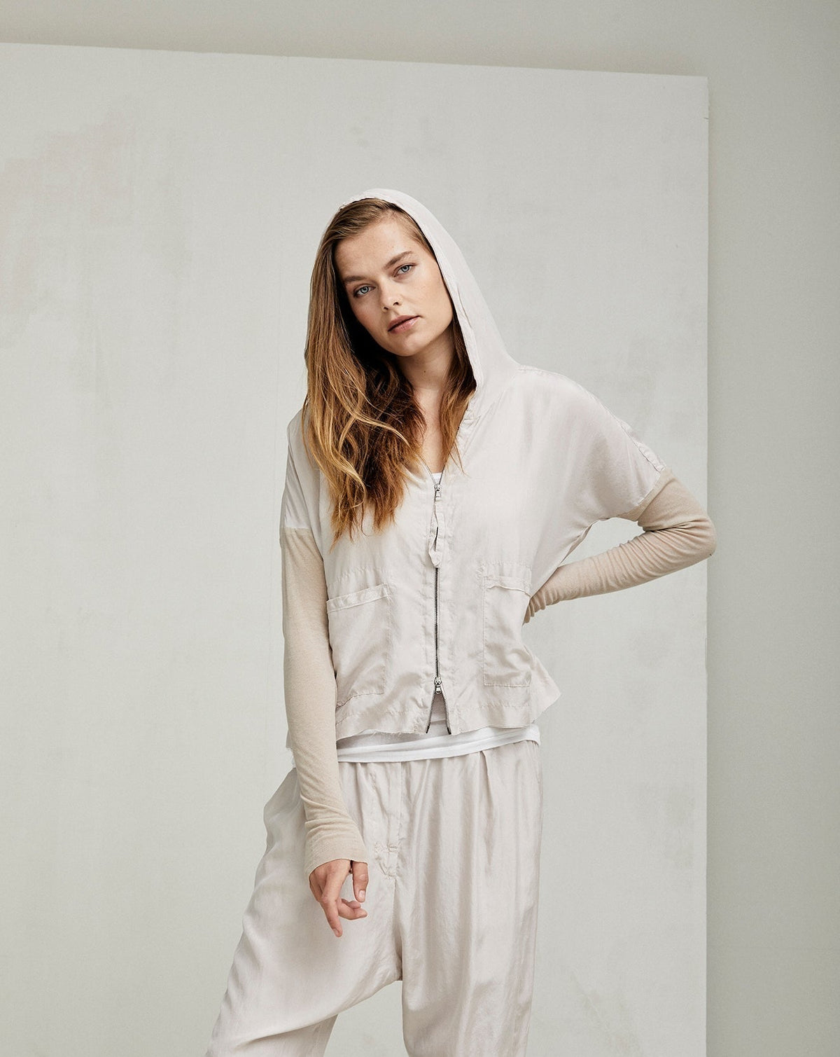 Light Beige Hooded Zipper Casual Jacket
