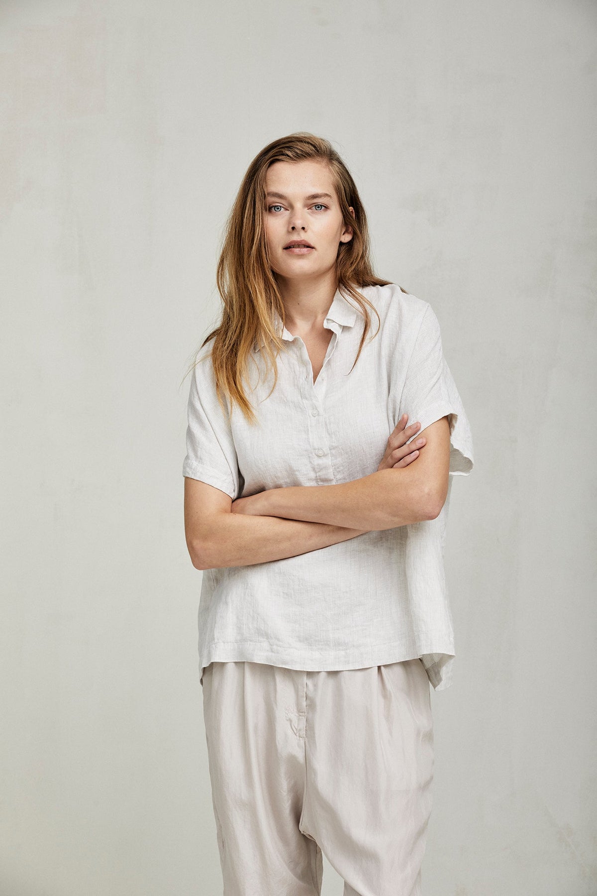 White Linen Short - Sleeve Loose - Fit Shirt