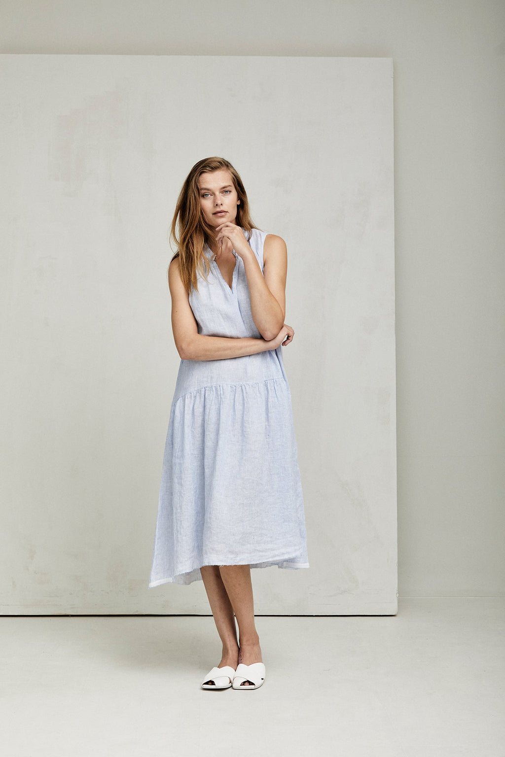 Light Blue Sleeveless Tiered Linen Dress