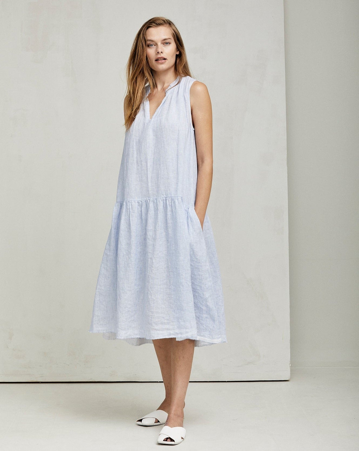 Light Blue Sleeveless Tiered Linen Dress