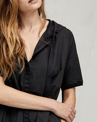 Black Hooded Short - Sleeved Loose Dress
