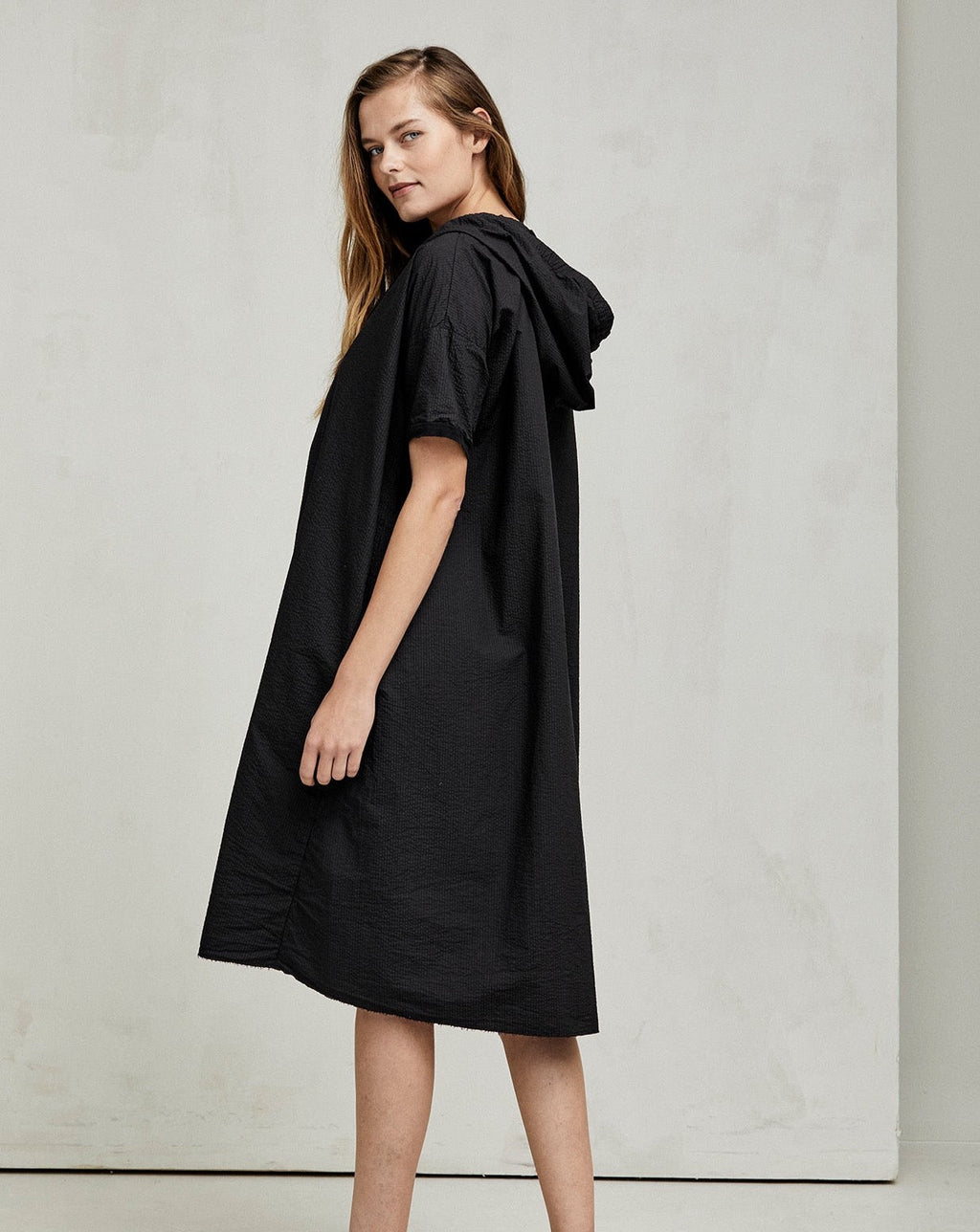 Black Hooded Short - Sleeved Loose Dress