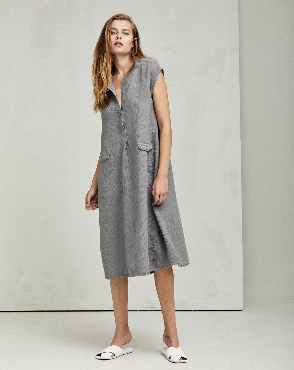 Mid-Length Cotton Linen Sleeveless Shirt Dress