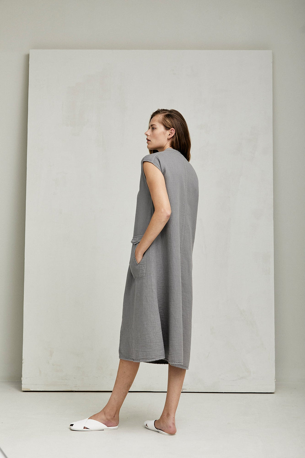 Mid-Length Cotton Linen Sleeveless Shirt Dress