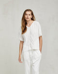 White Linen Like Fabric Short Sleeved Loose V-Neck Top